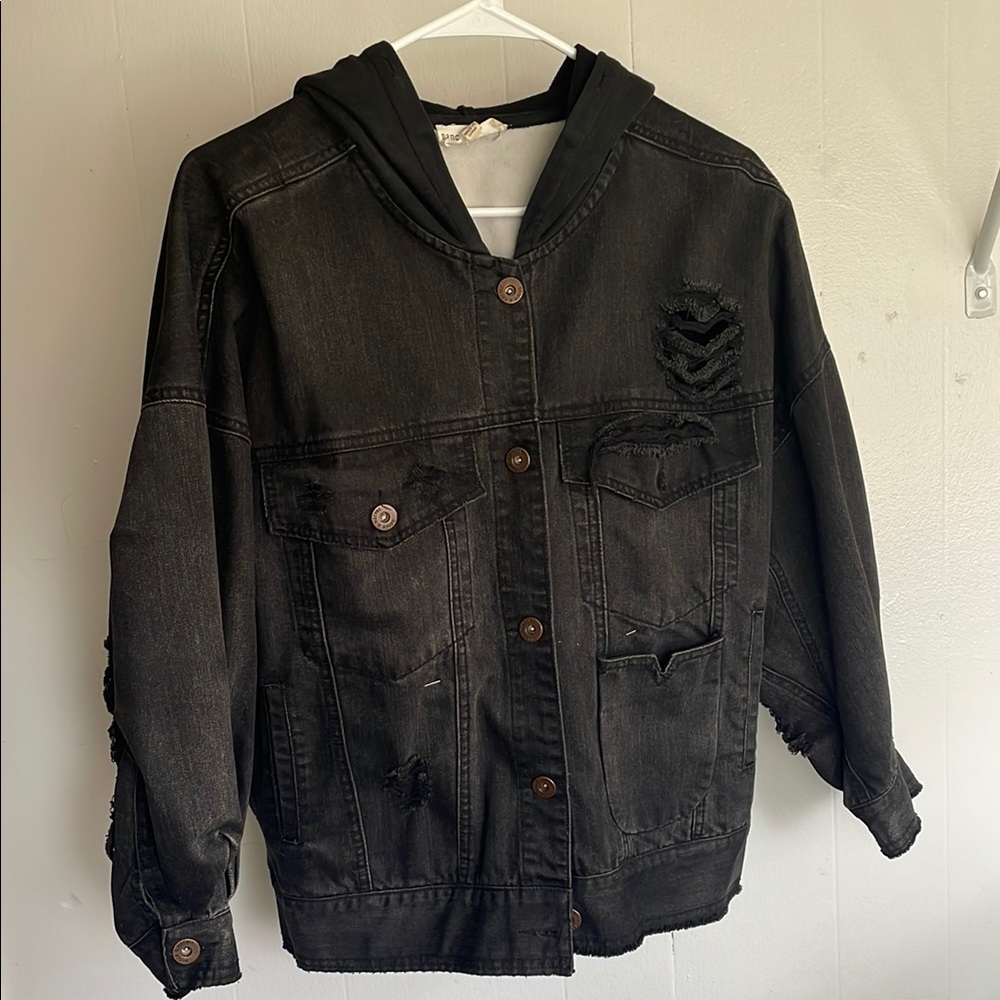 Black Hooded Jean Jacket with Distressed Details